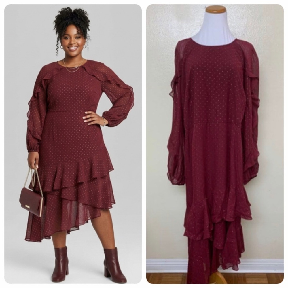 Cooper St Burgundy Chiffon Ruffle Sleeve Tiered Midi Dress Sz 22 Metallic Dot